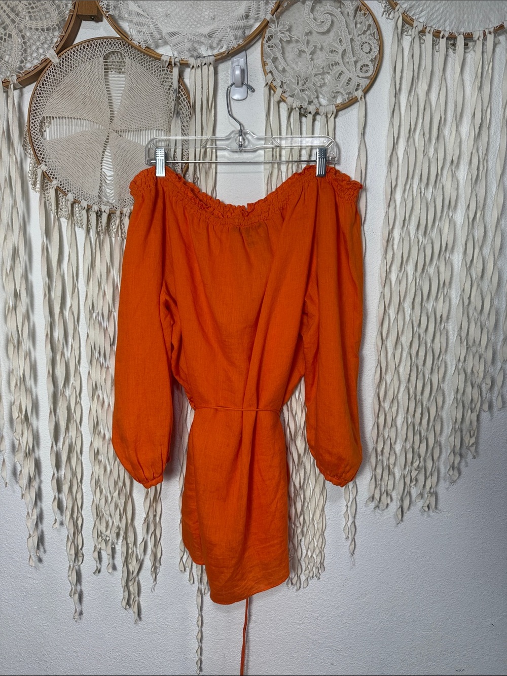 Lauren Ralph Lauren Orange Linen Embroidered & Smocked Neckline Tie Waist Top 3X